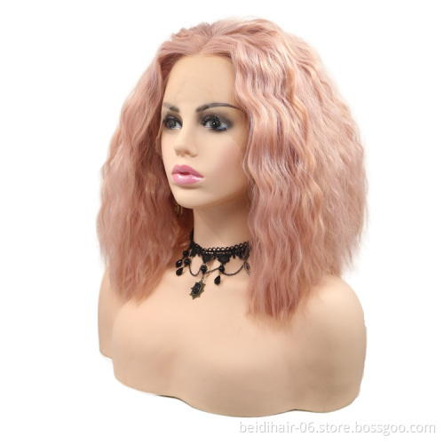 Lace Front Wavy Pink Color Synthetic Hair Wigs Short Bob
